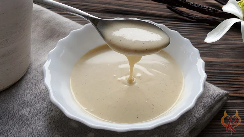Die Vanillesoße fließt in der perfekten Konsistenz vom Löffel