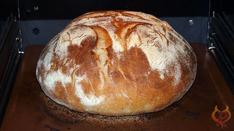 Das Brot nach halber Garzeit auf dem Backstein, die Oberfläche ist aufgebrochen.